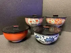 大人気　多様丼 丼 唐草模様有田焼　吾山窯　花鳥文絵代わり　ふた付き盛鉢　4客