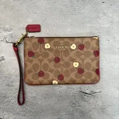 未使用級 コーチ シグネチャー ポーチ リストレット アップル レザー ブラウン