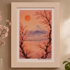油絵 原画「生命の輝きと春の風」A4 額装付 西都原古墳群 桜 菜の花