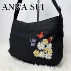 ANNA SUI ワンショルダーバッグ 花 蝶 てんとう虫 刺繍 ブラック