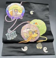 高級　正絹　洒落帯　名古屋帯　アンティーク　黒地　刺繍　古典柄　花柄　327