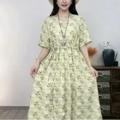 未使用　ノーカラーロングワンピースF Vネック　小花柄　体型カバー　ボタニカル