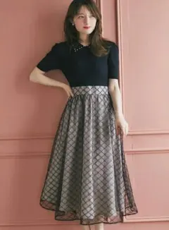 パール襟付きリブニット×チュールレースドッキングワンピース　ブラック