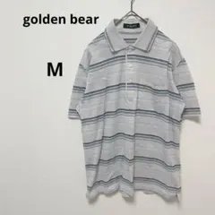 ゴールデンベア　半袖ポロシャツ グレー　ストライプ　コットン　カジュアル　熊刺繍のサムネイル