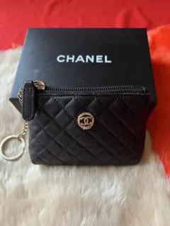 CHANEL ブラック キルティングレザーコインケース キーリング付き