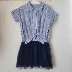 Motherways ストライプ半袖ワンピース ネイビー 130