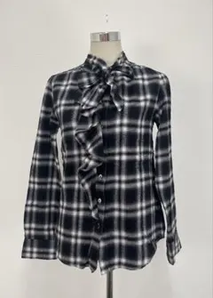 Gap フリル×ボウタイデザイン　チェック柄長袖ネルシャツ S【中古】E49