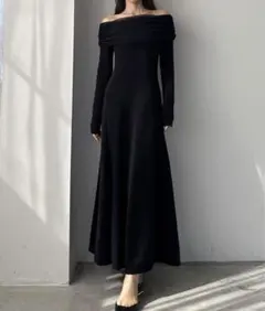 Louere チュールオフショルフレアニットワンピース