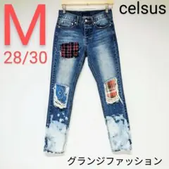 リメイク ダメージ ジーンズ チェック バンダナ柄 サイズ28/30 匿名配送