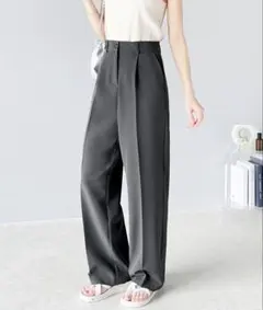 美脚魅せ　センタープレス　タック　ワイド　イージー　パンツ　グレー