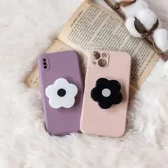 ポップソケット付きiPhoneケース　フラワー　白花　黒花　くすみカラー