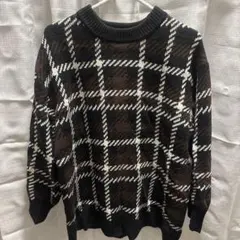 チェック柄ニットセーター 長袖 黒・白・茶色