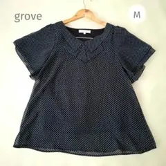 grove フリルブラウス ドット柄 リボン風襟 レイヤード風 半袖 紺 Lのサムネイル