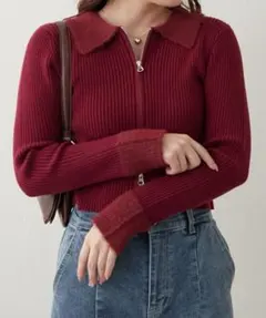 【NICE CLAUP】フェザー切替リブカーデ ボルドー