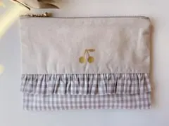 フリルポーチ さくらんぼ ギンガムチェック ファスナーポーチ