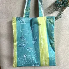 青と緑の葉模様トートバッグ ハンドメイドコットン100% 38×42 内ポケット