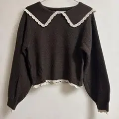 襟付きダークブラウン フリルニット Mサイズ