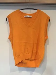 ZARA オレンジ Vネック ニットベスト M 薄手