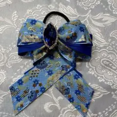 和柄青系リボンヘアゴム