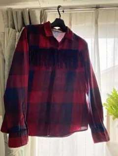 ZARA BASIC ザラベーシック　フリンジ付き赤と紺チェックシャツ
