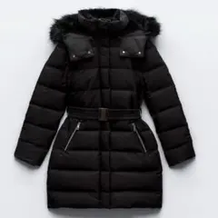 ZARA フード、ベルト付き　ダウンジャケット　ブラック　 M