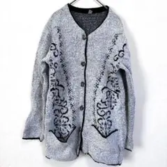 カーディガン　ニット　幾何学模様　レトロ　ゆったり　秋冬　海外古着　【M】