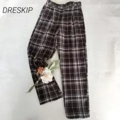 ​ドレスキップ　ストレートパンツ　L　ブラウン　裏起毛　ウエストゴム　チェック柄