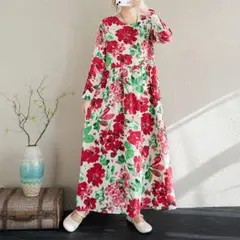 ラウンドネック リゾート プリントワンピース マキシ丈 柔らかくて 花柄