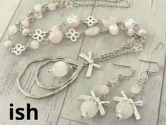 【C107】ishフロストローズクォーツ・リボンチャームネックレス＆ピアス