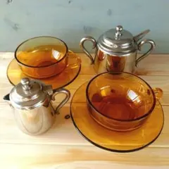 昭和レトロ アンバー ガラス アデリアカップ ステンレス YUKIWA シュガー