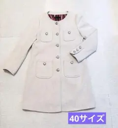 ICB●ノーカラーロングジャケット●薄手春●40、L●ベージュ、ツイード