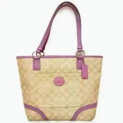 COACH シグネチャー トートバッグ A4可 ベージュ パープル レディース