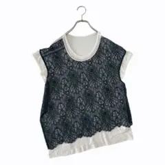 美品 Y's ワイズ アシンメトリー レースドッキングTシャツ 天竺カットソーのサムネイル
