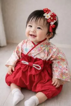 ベビー袴　色彩桜✕濃赤　3ヶ月〜　ひな祭り　初節句