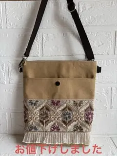 インド刺繍リボン×帆布　サコッシュ　ポシェット　ハンドメイド
