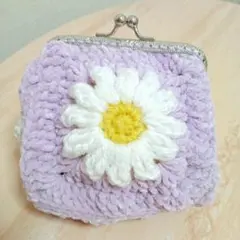花モチーフ がま口　ポーチ　薄紫
