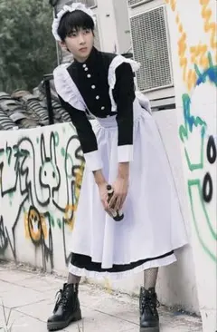 メンズ　女装 メイド コスプレ 長袖 ロング メイド服 黒 ブラック　XL 中古