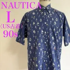 90s NAUTICA ノーティカ ヨット総柄 半袖ヴィンテージシャツ