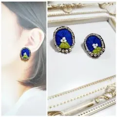 【そらちゃん様専用】ビーズ刺繍ピアス*ブルーとキミドリ刺繍にシルバービーズ*