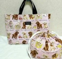 2点セットトイプードル柄（ピンク）　トートバッグ、お弁当袋　ハンドメイド