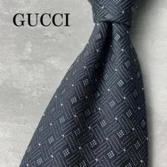 美品 GUCCI グッチ ジャガード 格子柄 ネクタイ ネイビー 紺