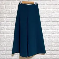 イネド 7 ワイドパンツ 緑 通勤 バックゴム オフィス 美脚 ストレッチ