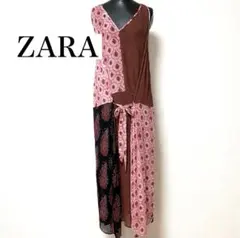 ZARA パッチワーク柄 ワンピース シアー キャミ付き レイヤード　リボン