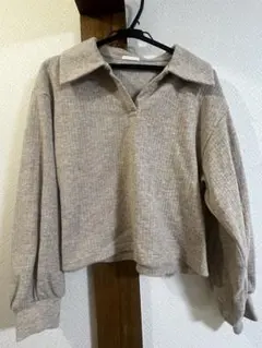 GU ベージュ 襟付き クロップドニットセーター 長袖 Lサイズ