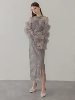 フリルチュールスリーブリボンIラインワンピースドレス結婚式パーティー二次会成人式