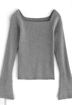 スクエアネックフレアスリーブリブニットトップス