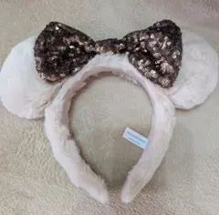 TDR ミニーちゃん カチューシャ ベージュ スパンコールリボン付　カフェオレ色