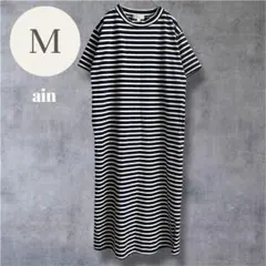 アイン 半袖Tシャツワンピース M 紺 ボーダー マタニティ 授乳服 ストレートのサムネイル