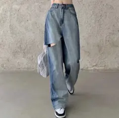 ダメージ ワイドデニムパンツ