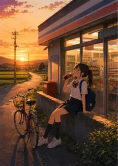 【イラスト】夕暮れのコンビニと女子高生 アートポスター